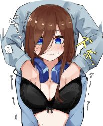 Rule 34 | 1girl, black bra, blue eyes, blue shirt, blush, bra, grabbing another&#039;s breast, breasts, cleavage, go-toubun no hanayome, grabbing, grabbing from behind, hair between eyes, hand under clothes, headphones, headphones around neck, highres, japanese text, large breasts, long hair, long sleeves, looking down, mame1645, nakano miku, open clothes, open shirt, red hair, shirt, speech bubble, translated, underwear