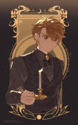 Rule 34 | 1boy, artist name, black bow, black bowtie, black shirt, black vest, bow, bowtie, brown eyes, brown hair, candle, candlelight, candlestand, closed mouth, collared shirt, earrings, highres, holding, jewelry, koeda (k83 4), long sleeves, luke pearce (tears of themis), male focus, shirt, short hair, solo, tears of themis, upper body, vest