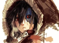 Rule 34 | 1girl, black eyes, black hair, breath, colored sclera, hair between eyes, maido mido, medium hair, original, parted lips, red eyes, red sclera, scales, scar, simple background, sketch, solo, white background, winter clothes