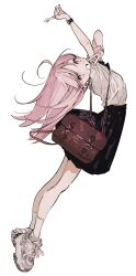 Rule 34 | 1girl, absurdres, ahoge, arms up, bag, black skirt, brown bag, double v, from side, full body, grin, highres, jewelry, long hair, looking at viewer, looking to the side, medium hair, mormormorp, open mouth, original, pink eyes, pink hair, pleated skirt, school bag, school uniform, shirt, shirt tucked in, shoes, short sleeves, simple background, skirt, smile, sneakers, socks, solo, stretching, v, watch, white background, white footwear, white shirt, white socks, wristwatch