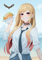 Rule 34 | 1girl, artist name, black choker, blonde hair, blue skirt, blurry, blurry background, burger, choker, commentary, day, ear piercing, english commentary, food, food on face, grin, highres, holding, holding food, kitagawa marin, long hair, looking at viewer, necktie, outdoors, piercing, red eyes, sasoura, school uniform, shirt, sketch, skirt, sleeves rolled up, smile, solo, sono bisque doll wa koi wo suru, tied shirt, very long hair, white shirt
