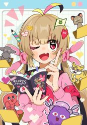 Rule 34 | &gt; &lt;, 1girl, ;d, ahoge, armband, blonde hair, blush, book, bookmark, cat, commentary request, dog, envelope, fang, folder, hair ornament, hands up, heart, highres, holding, holding book, index finger raised, long hair, long sleeves, low twintails, nail polish, natori sana, official alternate costume, one eye closed, open book, open mouth, pencil, pixel heart, rabbit hair ornament, red armband, red eyes, red nails, safety pin, sana channel, shrimp, smile, solo, taoru (towtowru), twintails, upper body, v-shaped eyebrows, virtual youtuber