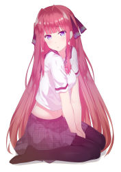 Rule 34 | 1girl, :o, absurdres, between legs, black pantyhose, black ribbon, blush, bow, breasts, from side, full body, go-toubun no hanayome, hair ribbon, hand between legs, highres, long hair, looking at viewer, looking to the side, medium breasts, nagisa (cxcx5235), nakano nino, pantyhose, parted lips, pink bow, pink hair, pink sailor collar, plaid, plaid skirt, purple eyes, purple skirt, ribbon, sailor collar, school uniform, serafuku, shirt, short sleeves, simple background, sitting, skirt, solo, two side up, unmoving pattern, very long hair, wariza, white background, white shirt