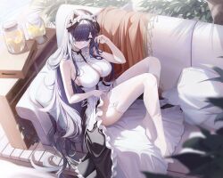 Rule 34 | 1girl, absurdres, august von parseval (azur lane), august von parseval (the conquered unhulde) (azur lane), azur lane, black hair, black skirt, blue eyes, breasts, cleavage, cleavage cutout, closed mouth, clothing cutout, commentary request, couch, g home, garter straps, hair over one eye, highres, lace, lace-trimmed thighhighs, large breasts, long hair, looking at viewer, on couch, pillow, sitting, skirt, solo, thighhighs, very long hair, white garter straps, white thighhighs