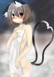 Rule 34 | 1girl, animal ears, bad id, bad pixiv id, blush, brown eyes, brown hair, cat ears, cat girl, cat tail, chen, covering privates, female focus, groin, heart, heart tail, highres, kuroi mizore, light smile, multiple tails, naked towel, night, night sky, no headwear, no headwear, nude, nude cover, onsen, short hair, sky, solo, standing, tail, touhou, towel