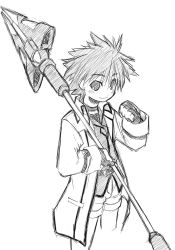 Rule 34 | 00s, 1boy, cowboy shot, cropped legs, erio mondial, eyebrows, formal, gloves, greyscale, jacket, lance, long sleeves, looking at viewer, lyrical nanoha, mahou shoujo lyrical nanoha, mahou shoujo lyrical nanoha strikers, male focus, monochrome, open clothes, open jacket, pants, polearm, sketch, solo, spiked hair, standing, strada, suit, uka, uniform, weapon