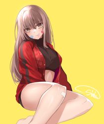 Rule 34 | 1girl, bad id, bad pixiv id, bandaid, bandaid on face, bandaid on knee, bandaid on leg, bandaid on nose, black shirt, breasts, brown eyes, brown hair, crop top, dungeon and fighter, huyou (awegk), jacket, large breasts, legs, looking at viewer, open clothes, open jacket, seiza, shirt, sitting, solo, turtleneck, yellow background