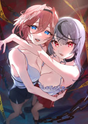 Rule 34 | 2girls, :d, asymmetrical docking, bare shoulders, black hair, blue eyes, blush, breast press, breasts, caution tape, chain, cleavage, collar, grey hair, hairband, head wings, heart, heart-shaped pupils, highres, hololive, hug, long hair, looking at viewer, misekiss, multicolored hair, multiple girls, nail polish, open mouth, pink hair, pink nails, pleated skirt, red eyes, sakamata chloe, short hair, shorts, skirt, smile, symbol-shaped pupils, takane lui, teeth, tongue, two-tone hair, virtual youtuber, wings