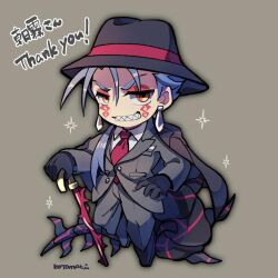 Rule 34 | 1boy, black gloves, blue hair, cane, chibi, collared shirt, commission, cu chulainn (fate), cu chulainn alter (fate), cu chulainn alter (formal dress) (fate), eyeliner, fate/grand order, fate (series), fedora, full body, gloves, grey background, grey jacket, grey pants, hand on own hip, hat, holding, holding cane, jacket, kotorai, long sleeves, makeup, male focus, necktie, no nose, orange eyes, pants, ponytail, red eyeliner, red necktie, sharp teeth, shirt, skeb commission, tail, teeth, thank you, white shirt