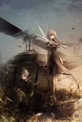 Rule 34 | 1boy, 1girl, aircraft, artist name, asahiro (algl), bad id, bad pixiv id, black dress, camouflage, camouflage pants, dress, fairy wings, gun, helicopter, long hair, looking at viewer, original, pants, sitting, standing, weapon, white hair, wind, wings, wreckage