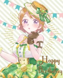 Rule 34 | 1girl, :o, artist name, artist request, bare shoulders, black gloves, blush, bow, breasts, brown hair, cleavage, collar, collarbone, collared dress, crown print, dress, female focus, gloves, green dress, green skirt, hair between eyes, hat, highres, koizumi hanayo, looking at viewer, love live!, love live! school idol festival, love live! school idol project, medium breasts, orange bow, orange neckwear, orange tie, parted lips, purple eyes, short hair, skirt, solo, sougetsuken, sougetsuken (pixiv6292193), spoon hair ornament, striped, striped background, striped bow