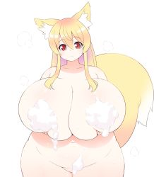 Rule 34 | 1girl, animal ears, belly, blonde hair, grabbing another&#039;s breast, breast hold, breast lift, breasts, censored, collarbone, convenient censoring, cowboy shot, deep skin, fox ears, fox girl, fox tail, futon7979, grabbing, huge breasts, long hair, looking at viewer, original, plump, red eyes, sidelocks, simple background, smile, soap, soap bubbles, soap censor, solo, tail, white background, wide hips, yuzuno (futon)