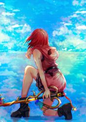 Rule 34 | 1girl, bare arms, belt, black footwear, boots, cloud, cloudy sky, dress, facing away, fighting stance, from behind, full body, highres, holding, holding weapon, hood, hood down, hooded dress, kairi (kingdom hearts), keyblade, kingdom hearts, kingdom hearts iii, medium hair, on one knee, pink dress, pleated dress, red hair, reflective floor, sera (serappi), sky, sleeveless, sleeveless dress, solo, weapon, wiping face