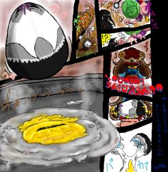Rule 34 | !?, 10s, akemi homura, black eyes, black hair, blush, broken egg, brown hair, comic, dinosaur, egg, egg laying, egg yolk, eggshell, frills, frying pan, hasunalu, headband, long tongue, mahou shoujo madoka magica, objectification, rebirth, ribbon, shaking, sidelocks, steam, sweatdrop, text focus, tongue, tongue out, transformation, translation request, vore, witch (madoka magica)