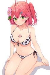 Rule 34 | 1girl, absurdres, ahoge, animal print, bare arms, bare legs, bare shoulders, barefoot, bikini, blush, breasts, cleavage, closed mouth, collarbone, commentary request, cow print, flower, front-tie bikini top, front-tie top, green eyes, hair between eyes, hair flower, hair ornament, hairclip, halterneck, highres, hololive, medium breasts, navel, one side up, pink flower, print bikini, racchi., red hair, sakura miko, shadow, short hair, side-tie bikini bottom, sitting, solo, stomach, string bikini, swimsuit, thighs, virtual youtuber, wariza, white background, white bikini