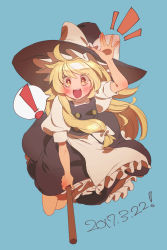 Rule 34 | !, 1girl, arm up, black hat, black skirt, blonde hair, blue background, blush, bow, broom, broom riding, dated, hat, hat bow, long hair, looking at viewer, masanaga (tsukasa), notice lines, open mouth, puffy short sleeves, puffy sleeves, short sleeves, sidelocks, simple background, skirt, skirt set, solo, spoken exclamation mark, touhou, white bow, witch hat, yellow eyes