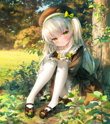 Rule 34 | 1girl, absurdres, beret, blush, bow, chen bin, closed mouth, day, dress, footwear bow, frilled dress, frilled shirt collar, frills, full body, grass, green eyes, grey hair, hand on own leg, hat, hat bow, highres, knees up, long hair, long sleeves, looking at viewer, original, outdoors, pantyhose, plant, revision, shoes, sitting, smile, solo, tree, very long hair, white pantyhose