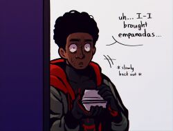 Rule 34 | 0 0, 1boy, afro, bodysuit, bodysuit under clothes, caught, dark-skinned male, dark skin, dot pupils, english text, male focus, marvel, mayday parker, motion blur, nakariiale, nervous sweating, open door, short hair, solo, spider-man: across the spider-verse, spider-man (series), spider-verse, sweat, thick eyebrows, upper body