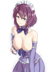Rule 34 | 1girl, blue eyes, blue neckwear, breasts, bridal gauntlets, choker, cleavage, collar, corset, detached sleeves, frilled shirt, frills, hair between eyes, henrietta de tristain, jewelry, large breasts, leaning forward, long sleeves, looking at viewer, maid headdress, pleated skirt, purple hair, purple shirt, purple skirt, purple sleeves, ring, saruno (eyesonly712), shirt, short hair, simple background, skirt, sleeveless, sleeveless shirt, solo, standing, strapless, strapless shirt, white background, zero no tsukaima