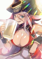 Rule 34 | 1girl, absurdres, alcohol, blue eyes, boots, breasts, cleavage, cup, fate/grand order, fate (series), francis drake (fate), hat, headband, highres, holding, holding cup, kujuu shikuro, large breasts, long hair, looking at viewer, open mouth, pants, pink hair, pirate hat, red shirt, scar, scar on face, shirt, sleeveless, sleeveless shirt, smile, solo, very long hair, white pants, wrist cuffs