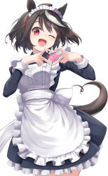 1girl absurdres ahoge alternate_costume animal_ears blush breasts commentary_request enmaided hair_between_eyes hair_ornament heart heart_hands highres horse_girl horse_tail kitasan_black_(umamusume) looking_at_viewer maid maid_headdress medium_breasts one_eye_closed solo tail uine_(bobhairshuki) umamusume white_background