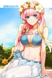 Rule 34 | 1girl, artist name, bikini, blonde hair, blue eyes, blue sky, breasts, cleavage, closed mouth, cloud, day, earrings, fire emblem, fire emblem heroes, gradient hair, gunnthra (fire emblem), head wreath, highres, jewelry, large breasts, long hair, multicolored hair, nana (nanalog76), nintendo, outdoors, pink hair, sarong, sitting, sky, smile, solo, swimsuit