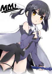 Rule 34 | 1girl, bare shoulders, black hair, breasts, character name, commentary request, fate/kaleid liner prisma illya, fate (series), haaam, hair ornament, highres, long hair, looking at viewer, miyu edelfelt, parted lips, simple background, small breasts, solo, twintails, upper body, white background, x hair ornament, yellow eyes