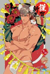 Rule 34 | 1boy, abs, animal, animal ears, bara, bulge, chinese zodiac, cowboy shot, crossed arms, eyeshadow, fundoshi, grey hair, happy new year, japanese clothes, large pectorals, looking at viewer, makeup, male focus, male underwear, mouse (animal), mouse boy, mouse ears, mouse tail, muscular, muscular male, navel, new year, nipple piercing, nipples, original, pectorals, piercing, red eyeshadow, short hair, sideburns, solo, stomach, tail, thighs, underwear, underwear only, white male underwear, yan (bltyann), year of the rat