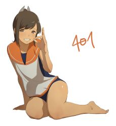 Rule 34 | 1girl, barefoot, blue one-piece swimsuit, blush, brown eyes, brown hair, character name, enoshito, grin, highres, i-401 (kancolle), kantai collection, ok sign, one-piece swimsuit, orange sailor collar, sailor collar, shirt, simple background, sitting, sleeveless, smile, solo, swimsuit, swimsuit under clothes, tan, white background