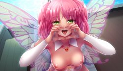 Rule 34 | 1girl, blush, game cg, green eyes, half-closed eyes, heart, heart hands, heart necklace, highres, hunie (series), huniepop 2, jewelry, kyu sugardust, looking up, necklace, ninamo, nipples, official art, pink hair, pink nails, presenting, presenting mouth, teeth, tongue, tongue out, upper teeth only, wings