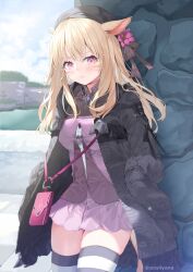 Rule 34 | 1girl, absurdres, animal ears, bag, black coat, black hat, black ribbon, blonde hair, closed mouth, cloud, cloudy sky, coat, final fantasy, final fantasy xiv, flower, hand in pocket, hat, hat flower, hat ribbon, highres, long hair, long sleeves, looking at viewer, miqo&#039;te, open clothes, open coat, outdoors, pink bag, pink eyes, pink flower, ribbon, shoulder bag, sidelocks, sitting, sky, solo, striped clothes, striped thighhighs, thighhighs, twitter username, warrior of light (ff14), yana mori
