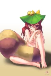 Rule 34 | 1girl, :p, animal ears, barefoot, bell, breasts, brown eyes, brown hair, colored eyelashes, female focus, futatsuiwa mamizou, glasses, hat, highres, jingle bell, large breasts, leaf, leaf hat, leaf on head, long hair, looking at viewer, nude, qingmingtongzi, raccoon ears, raccoon tail, red eyes, sitting, smile, solo, tail, tail censor, tongue, tongue out, touhou