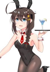Rule 34 | 1girl, absurdres, ahoge, alternate costume, animal ears, black hair, black leotard, black pantyhose, blue eyes, braid, breasts, cleavage, cocktail glass, commentary request, covered navel, cowboy shot, cup, detached collar, drink, drinking glass, hair flaps, hair ornament, hair over shoulder, highres, kantai collection, leotard, mashiro shin&#039;ya, medium breasts, necktie, pantyhose, playboy bunny, rabbit ears, red necktie, shigure (kancolle), shigure kai ni (kancolle), single braid, solo, standing, standing on one leg, strapless, strapless leotard, tray, white background, wrist cuffs