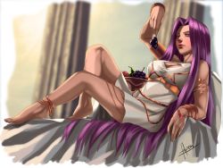 Rule 34 | 1girl, alternate costume, anklet, armlet, barefoot, bracelet, breasts, cleavage, cleavage cutout, clothing cutout, column, dress, fate/grand order, fate (series), food, fruit, grapes, holding, holding food, holding fruit, jewelry, kouichi09, large breasts, long hair, looking at viewer, medusa (fate), medusa (rider) (fate), pear, pillar, purple eyes, purple hair, short dress, signature, sitting, solo, very long hair, white dress