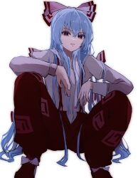 Rule 34 | 1girl, absurdres, bow, cigarette, fujiwara no mokou, grey hair, hair bow, highres, holding, holding cigarette, knees up, long hair, looking at viewer, mikan (manmarumikan), ofuda, ofuda on clothes, pants, parted lips, red eyes, red pants, shirt, simple background, sitting, solo, suspenders, touhou, very long hair, white background, white shirt