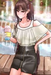 Rule 34 | 1girl, alternate costume, angry, bad id, bad pixiv id, bare shoulders, black skirt, blouse, blush, braid, breasts, casual, closed mouth, collarbone, cup, day, fountain, girls&#039; frontline, hair ribbon, half updo, hand on own hip, high-waist skirt, holding, holding cup, leaning, long hair, looking at viewer, loose clothes, loose shirt, medium breasts, off shoulder, one side up, outdoors, pencil skirt, purple hair, red eyes, ribbon, see-through, shirt, sitting, skirt, solo, sweat, tank top, tsurime, turisasu, very long hair, wa2000 (girls&#039; frontline), white shirt, zipper skirt