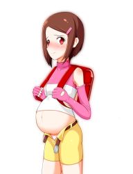 Rule 34 | 1girl, backpack, bag, bare shoulders, blush, breasts, brown hair, closed mouth, digimon, digimon adventure 02, elbow gloves, fingerless gloves, gloves, looking at viewer, midriff, navel, open clothes, open shorts, panties, pink gloves, pregnant, red eyes, short hair, shorts, simple background, small breasts, smile, underwear, white background, white panties, yagami hikari, yellow shorts, yorotoru