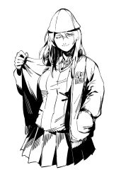 Rule 34 | 1girl, beanie, closed mouth, collared shirt, cowboy shot, girls und panzer, greyscale, hand in pocket, hat, highres, jacket, long hair, long sleeves, looking at viewer, monochrome, one eye closed, open clothes, open jacket, pleated skirt, ruukii drift, shirt, simple background, skirt, smile, solo, standing, sweater, white background, wing collar