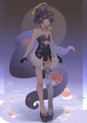 Rule 34 | 1girl, absurdres, bad source, black dress, black footwear, black gloves, breasts, commentary, detached sleeves, dress, english commentary, gloves, grey hair, hair bun, halo, highres, hololive, hololive english, holomyth, long hair, looking at viewer, low wings, md5 mismatch, mole, mole under eye, ninomae ina&#039;nis, ninomae ina&#039;nis (1st costume), platform clogs, pointy ears, purple hair, resolution mismatch, self-upload, single thighhigh, small breasts, source smaller, teikki, tentacle hair, thighhighs, virtual youtuber, white sleeves, white thighhighs, wings