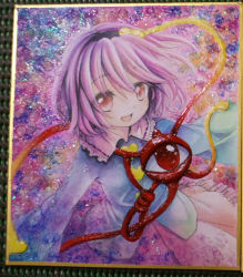 Rule 34 | 1girl, eyebrows, hairband, heart, komeiji satori, looking at viewer, mosho, open mouth, painting (medium), painting (object), pink hair, red eyes, shikishi, shirt, skirt, smile, solo, third eye, touhou, traditional media, watercolor (medium), wide sleeves