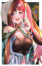 Rule 34 | 1girl, alternate costume, black nails, blush, breasts, chil0107, cleavage, earrings, female focus, fire emblem, fire emblem: three houses, hair ornament, highres, hilda valentine goneril, jewelry, long hair, matching hair/eyes, nail polish, nintendo, open mouth, pink eyes, pink hair, smile, solo, twintails, upper body