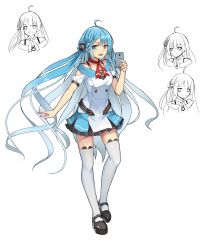 Rule 34 | 1girl, :d, ahoge, black footwear, black skirt, blue eyes, blue hair, blush, braid, cellphone, commentary request, dress, full body, hair ornament, highres, holding, holding phone, long hair, looking at viewer, multiple views, musyne xsk, official art, open mouth, original, phone, pleated skirt, shoes, short dress, short sleeves, simple background, skirt, smartphone, smile, standing, thighhighs, very long hair, virtual youtuber, white dress, white thighhighs