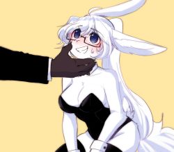 Rule 34 | 1boy, 1girl, :d, animal ears, animal nose, bare shoulders, black-framed eyewear, black leotard, black neckwear, blue eyes, blush, body fur, bow, bowtie, breasts, brown fur, claws, cleavage, commentary request, detached collar, furry, furry female, glasses, hair between eyes, highres, korean commentary, large breasts, leotard, long hair, looking at another, open mouth, original, ponytail, rabbit, rabbit ears, rabbit girl, rabbit tail, ressue (gomgom), semi-rimless eyewear, silver hair, simple background, smile, sweatdrop, tail, under-rim eyewear, white fur, wrist cuffs, yellow background