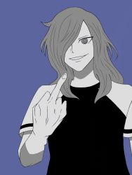 Rule 34 | 1boy, grin, hair over one eye, haizaki ryouhei, inazuma eleven, inazuma eleven (series), inazuma eleven ares no tenbin, looking at viewer, male focus, middle finger, partially colored, simple background, solo, tagme