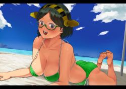 Rule 34 | 1girl, barefoot, beach, bikini, black hair, blue sky, breasts, cloud, collarbone, commentary request, day, foreshortening, full body, glasses, green-framed eyewear, green bikini, hairband, headgear, kantai collection, kirishima (kancolle), large breasts, looking at viewer, lying, on stomach, open mouth, outdoors, round teeth, shade, short hair, side-tie bikini bottom, sky, soles, solo, swimsuit, teeth, the pose, toes, tooku nomura (artist), upper teeth only