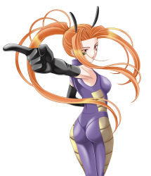 Rule 34 | 1girl, ass, bad id, bad pixiv id, bodysuit, elbow gloves, foreshortening, ghost sweeper mikami, gloves, highres, long hair, orange hair, ponytail, red eyes, solo, tamamon, vespa (ghost sweeper mikami)