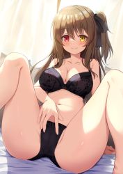 Rule 34 | 1girl, ass, assault lily, bare arms, bare legs, bare shoulders, black bra, black panties, bra, breasts, brown hair, cleavage, closed mouth, collarbone, hair ribbon, heterochromia, knees up, kuo shenlin, large breasts, long hair, looking at viewer, miso (misomiso 154), navel, one side up, panties, red eyes, ribbon, sitting, smile, solo, stomach, thighs, underwear, underwear only, yellow eyes