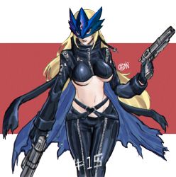 Rule 34 | 1girl, absurdres, beelstarmon, belt, blonde hair, breasts, combination weapon, digimon, gun, handgun, highres, large breasts, long hair, mask, multiple-barrel firearm, red eyes, revealing clothes, revolver, solo, standing, third eye, underboob, weapon, wide hips