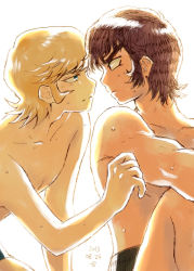 Rule 34 | 2boys, asuka ryou, black eyes, black hair, blonde hair, blue eyes, blush, devilman, eye contact, eyebrows, fudou akira, guilty (deathqueen), looking at another, male focus, multiple boys, topless male, short hair, sideburns, simple background, underwear, yaoi