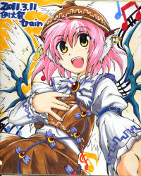 Rule 34 | 1girl, animal ears, brown dress, dress, earrings, female focus, hand on another&#039;s chest, hand on own chest, hat, jewelry, marker (medium), music, mystia lorelei, open mouth, outstretched arm, pink hair, shikishi, singing, smile, solo, taiga (natsu hotaru), touhou, traditional media, train 90, wings, yellow eyes